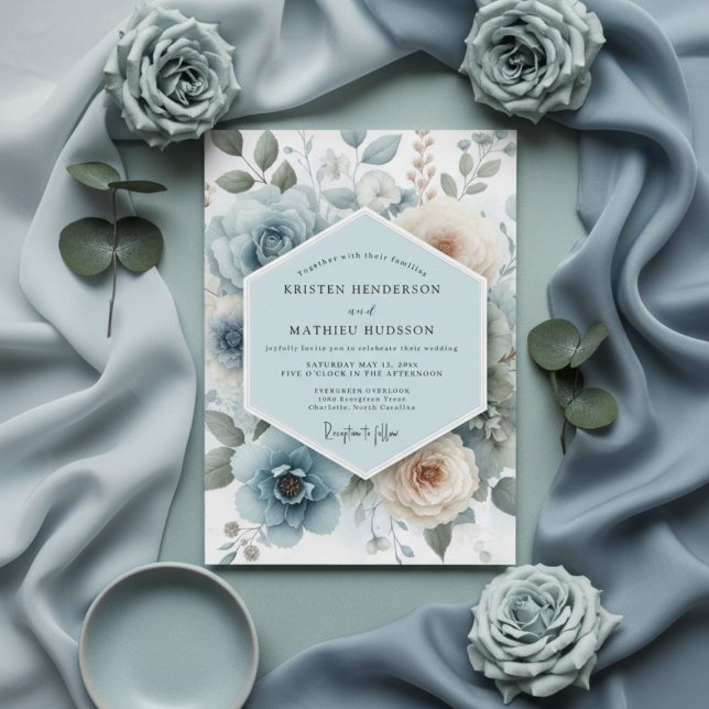 Convites Casamento Floral Romance Azul Pó (Criador carregado)