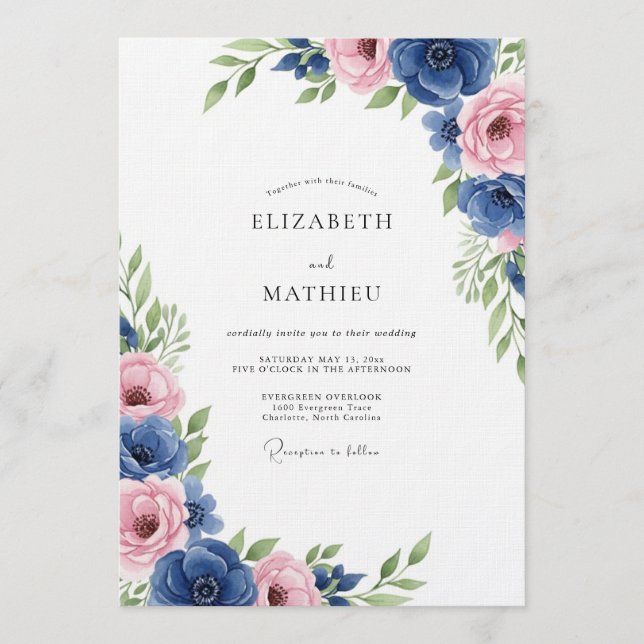 Convites Casamento Floral Romance Azul Real (Frente)
