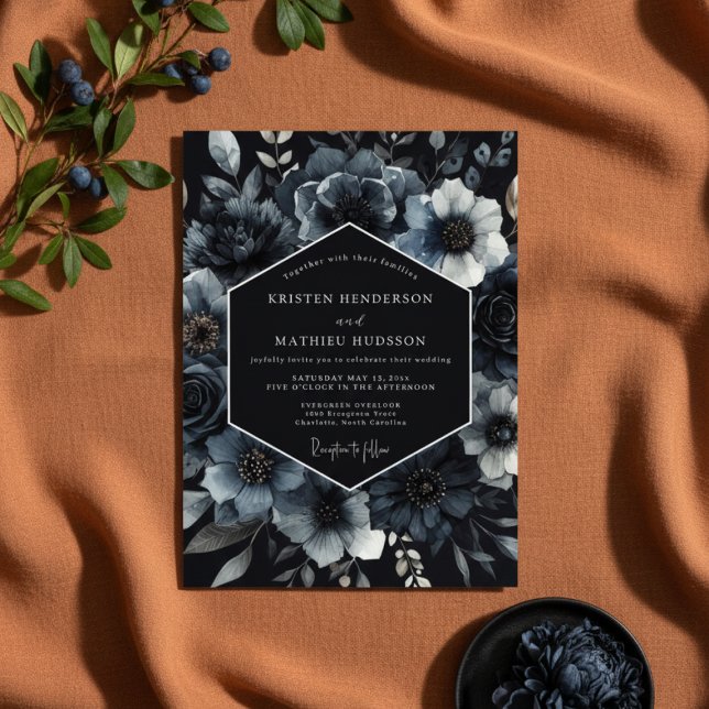 Convites Casamento Floral Romance Azul Teal Escuro (Criador carregado)