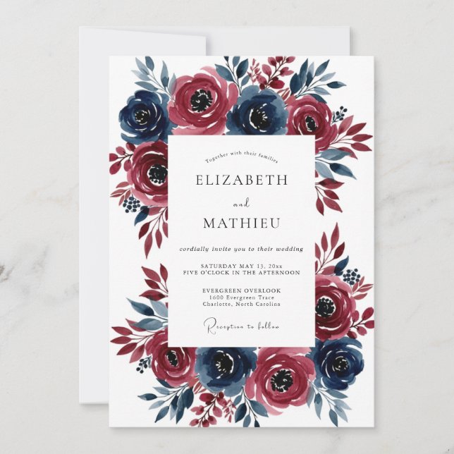 Convites Casamento Floral Romance Borgonha Azul Marinho (Frente)