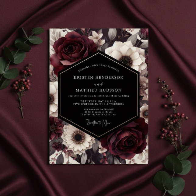 Convites Casamento Floral Romance Burgundy Bloom (Criador carregado)