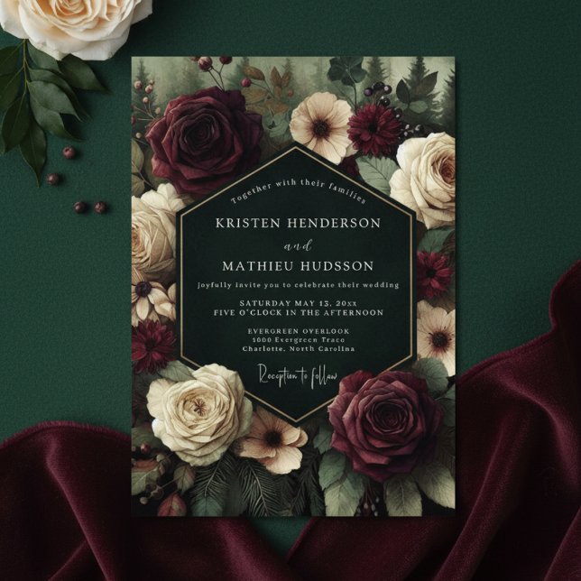 Convites Casamento Floral Romance Burgundy Profundo (Criador carregado)