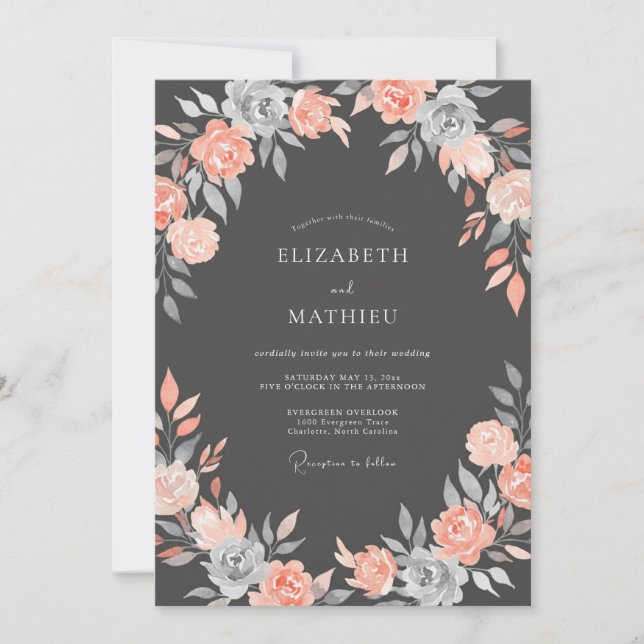 Convites Casamento Floral Romance Cinza Coral (Frente)