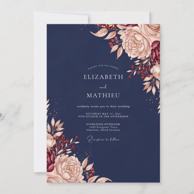 Convites Casamento Floral Romance com Bege Naval (Frente)