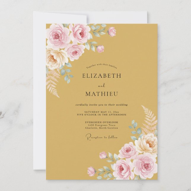 Convites Casamento Floral Romance com Brilho Dourado (Frente)