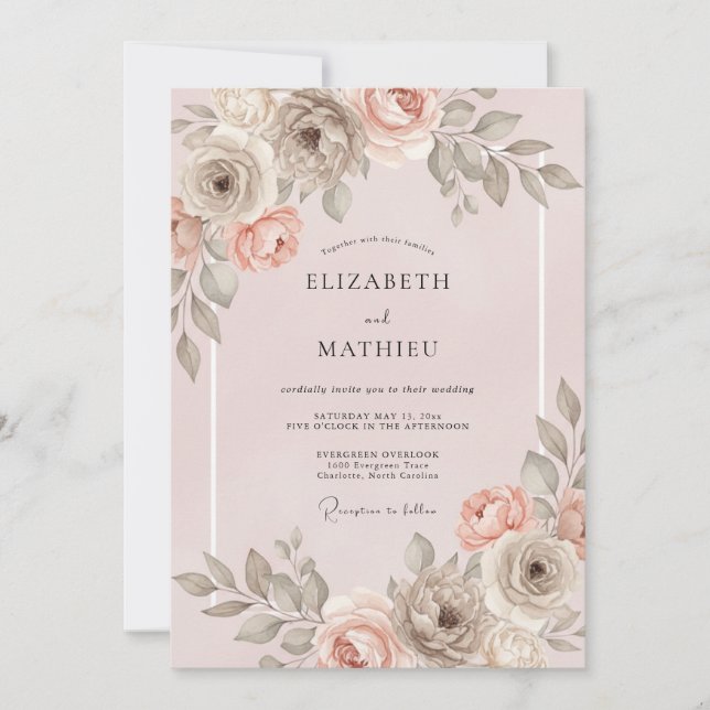 Convites Casamento Floral Romance com Tonalidade Rosa-Pêsse (Frente)