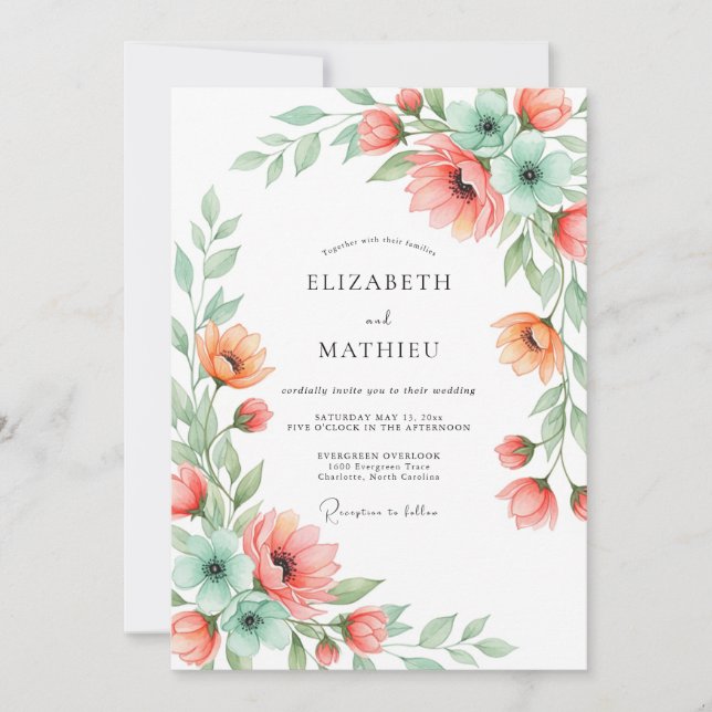 Convites Casamento Floral Romance Coral Menta (Frente)