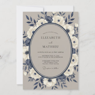 Convites Casamento Floral Romance Creme Marinho