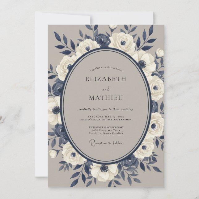 Convites Casamento Floral Romance Creme Marinho (Frente)