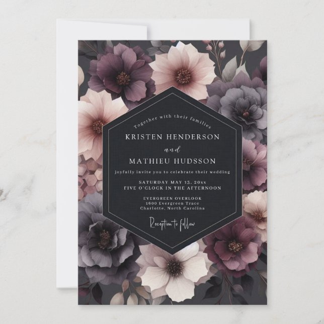 Convites Casamento Floral Romance de Ameixa Profunda (Frente)