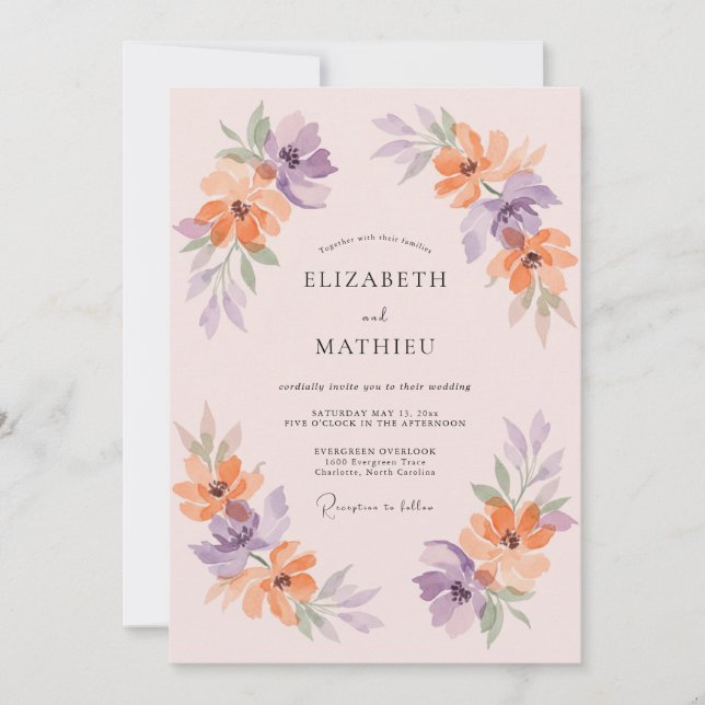 Convites Casamento Floral Romance de Lavanda e Pêssego (Frente)
