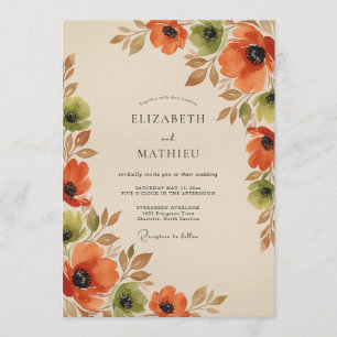 Convites Casamento Floral Romance de Outono Laranja