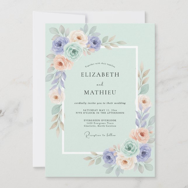 Convites Casamento Floral Romance de Rosa Azul e Pêssego (Frente)