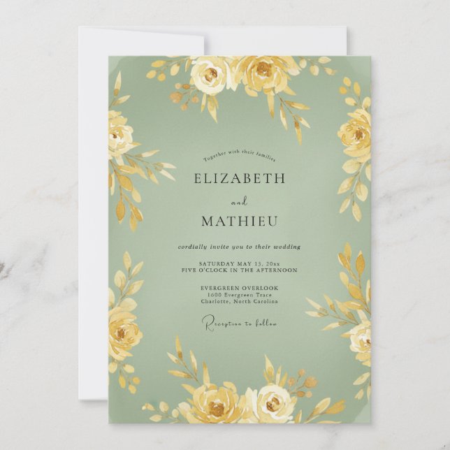 Convites Casamento Floral Romance em Amarelo Sage (Frente)