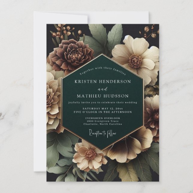 Convites Casamento Floral Romance em Borgonha Profundo (Frente)
