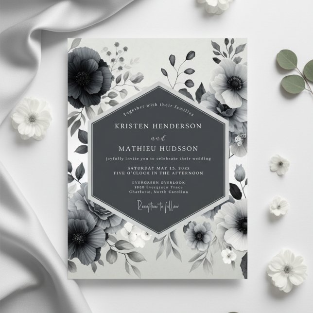 Convites Casamento Floral Romance em Carvão (Criador carregado)
