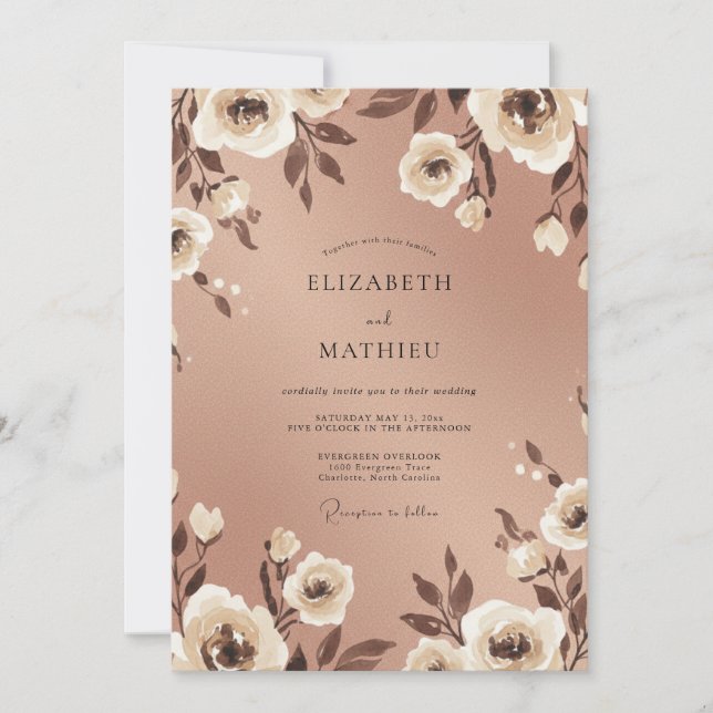 Convites Casamento Floral Romance em Rosa Dourado (Frente)