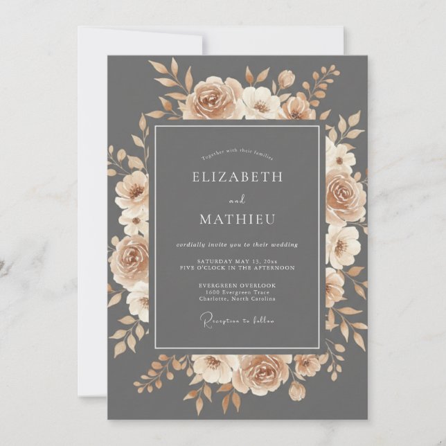 Convites Casamento Floral Romance em Slate e Pêssego (Frente)