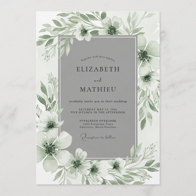 Convites Casamento Floral Romance em Verde Salvia (Frente)
