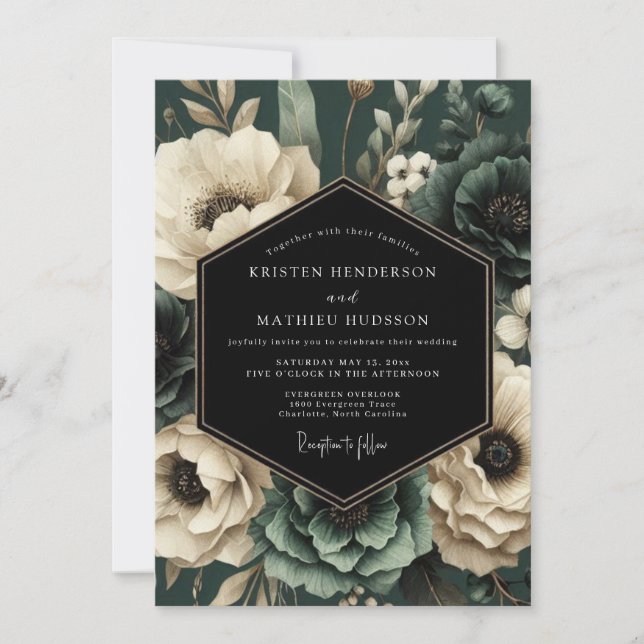 Convites Casamento Floral Romance Esmeralda Moody (Frente)