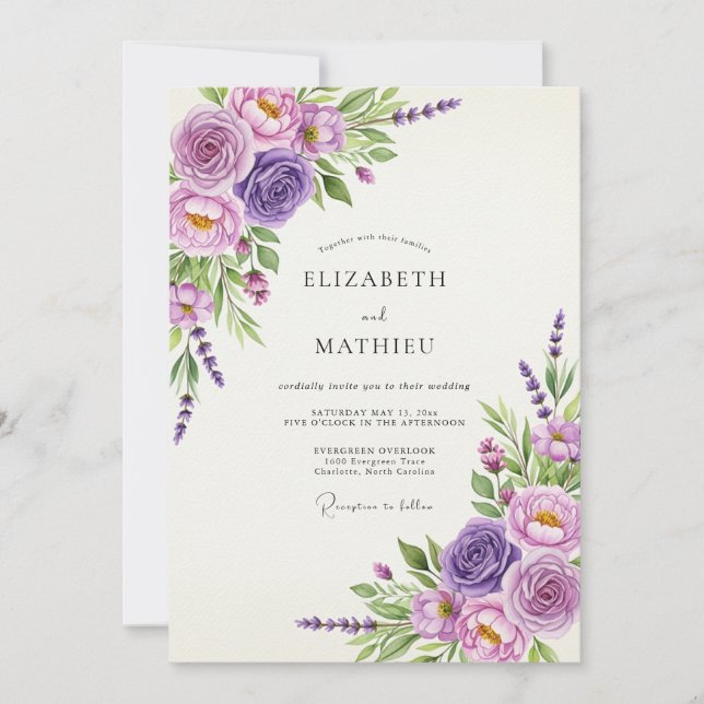 Convites Casamento Floral Romance Lavanda Rosa (Frente)