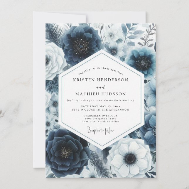 Convites Casamento Floral Romance Naval Profundo (Frente)