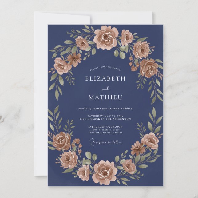 Convites Casamento Floral Romance Navy Ferrugem (Frente)