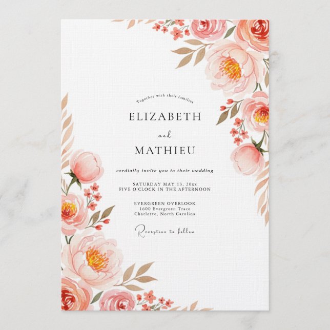 Convites Casamento Floral Romance Peônia Coral (Frente)