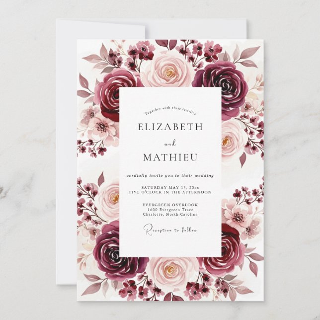 Convites Casamento Floral Romance Rosa Borgonha (Frente)