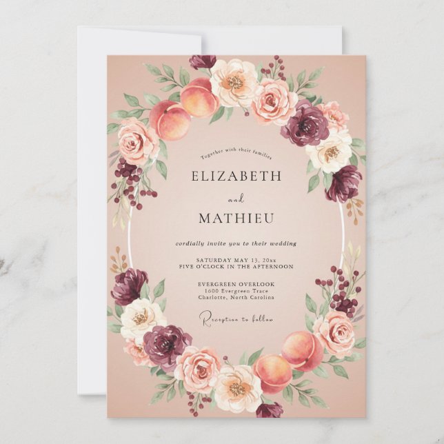 Convites Casamento Floral Romance Rosa Burgundy (Frente)
