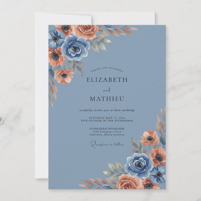Convites Casamento Floral Romance Terracota Azul (Frente)