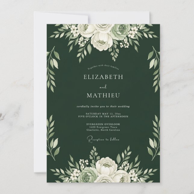 Convites Casamento Floral Romance Verde Floresta (Frente)