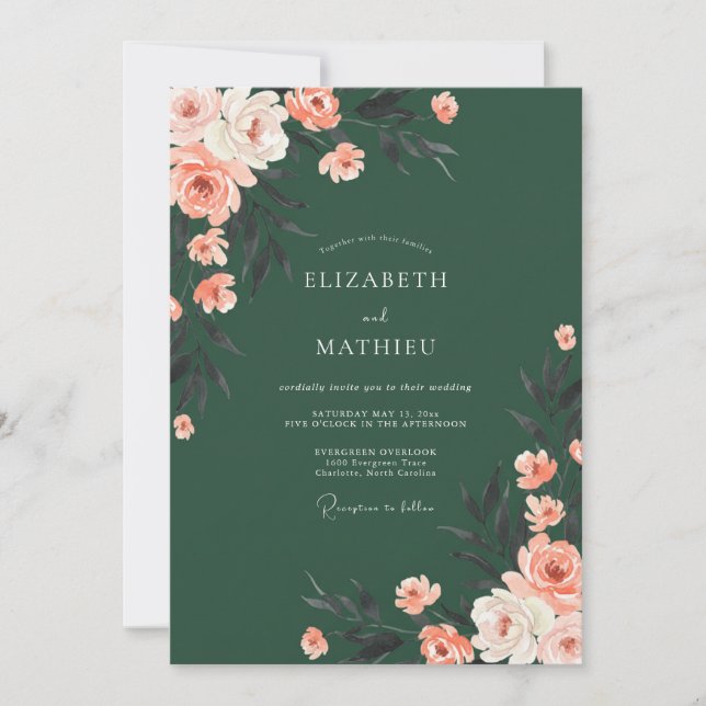 Convites Casamento Floral Romance Verde Profundo (Frente)