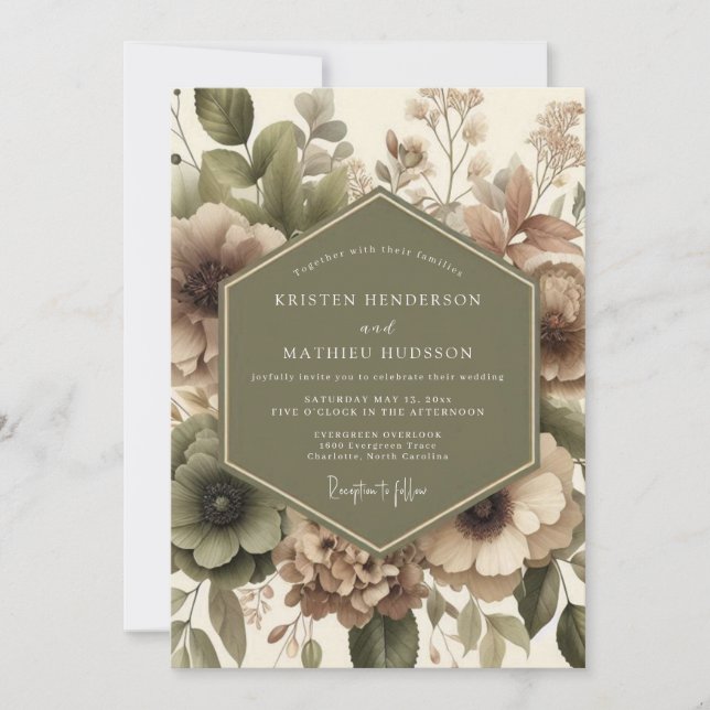 Convites Casamento Floral Romance Verde Salvia (Frente)