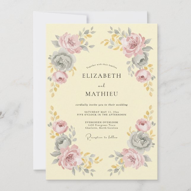 Convites Casamento Floral Romântico Amarelo Pálido (Frente)