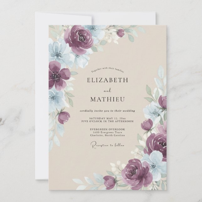 Convites Casamento Floral Romântico Ameixa (Frente)