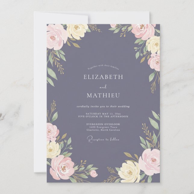 Convites Casamento Floral Romântico Azul Ardósia (Frente)