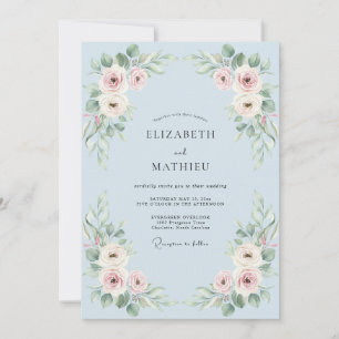 Convites Casamento Floral Romântico Azul Céu