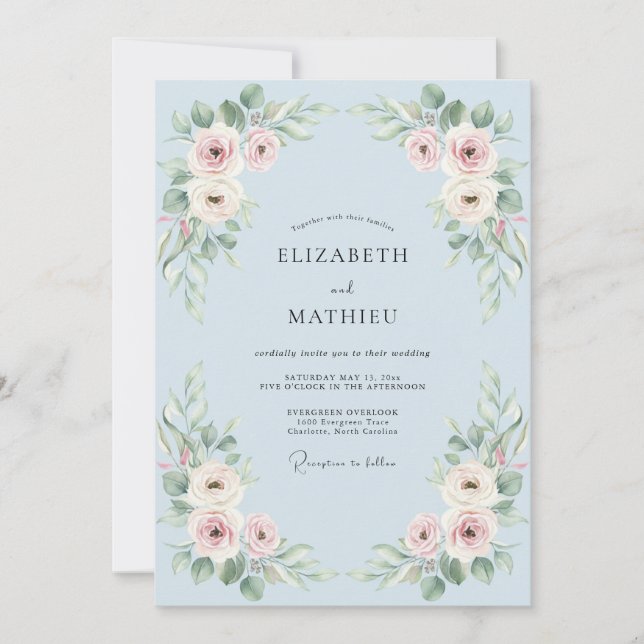 Convites Casamento Floral Romântico Azul Céu (Frente)
