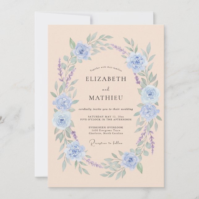 Convites Casamento Floral Romântico Azul Claro (Frente)