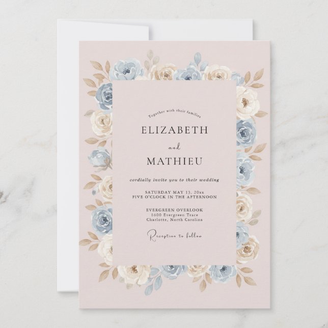 Convites Casamento Floral Romântico Azul Claro (Frente)