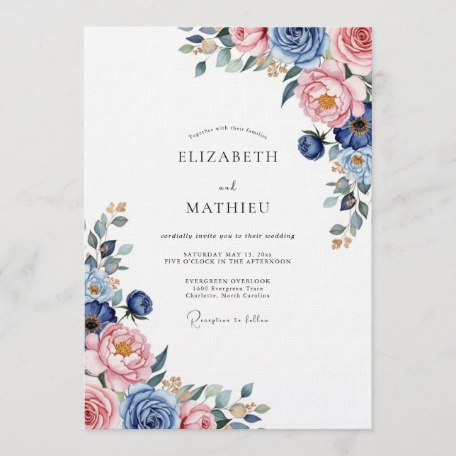 Convites Casamento Floral Romântico Azul Empoeirado (Frente)