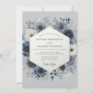 Convites Casamento Floral Romântico Azul Empoeirado