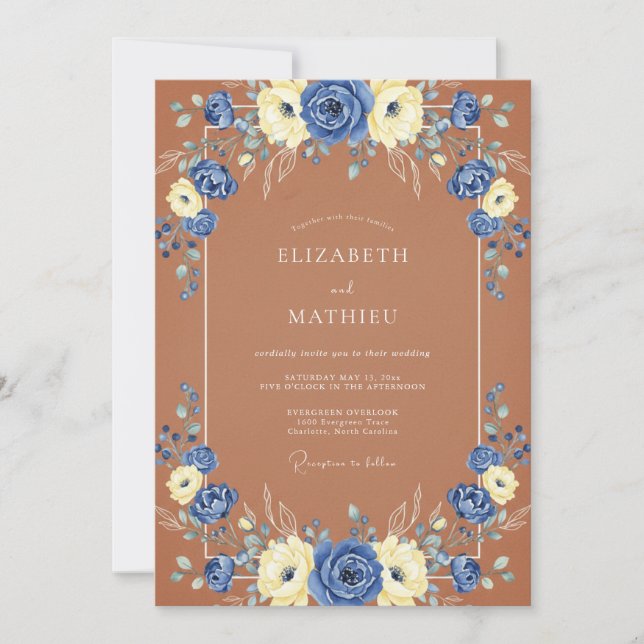Convites Casamento Floral Romântico Azul Marfim (Frente)