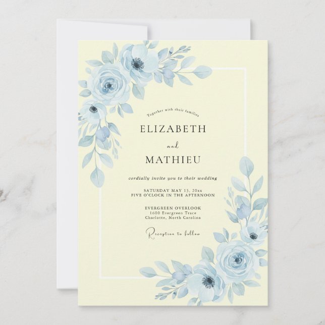 Convites Casamento Floral Romântico Azul Marfim (Frente)