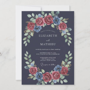 Convites Casamento Floral Romântico Azul Naval