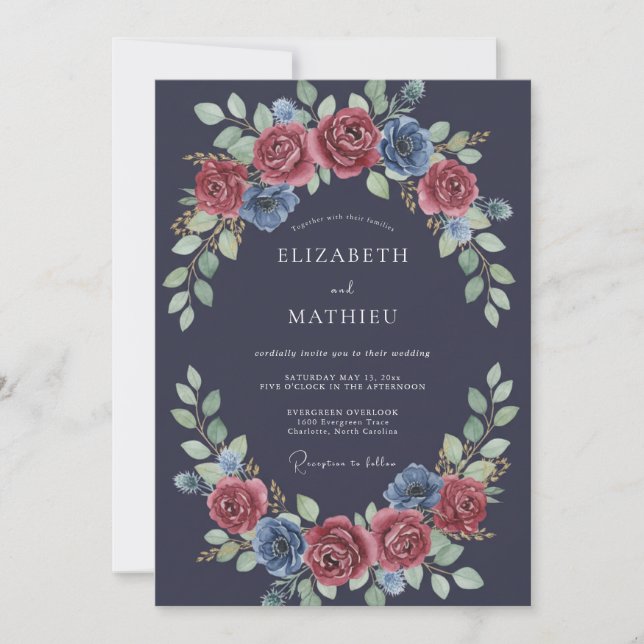 Convites Casamento Floral Romântico Azul Naval (Frente)