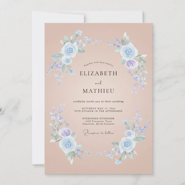 Convites Casamento Floral Romântico Azul Pó (Frente)