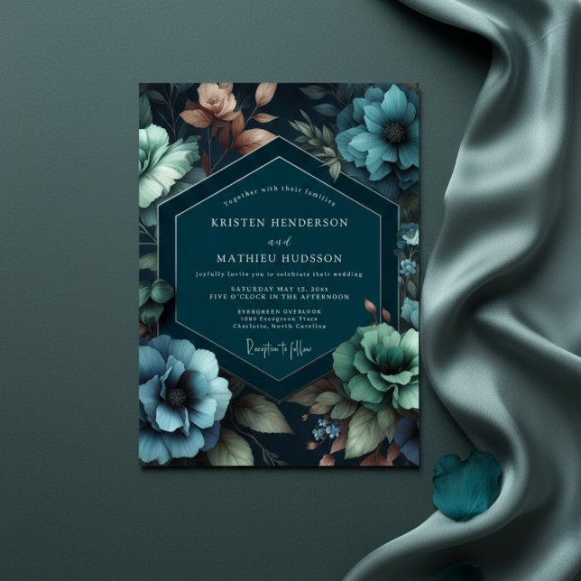 Convites Casamento Floral Romântico Azul-Verde Intenso (Criador carregado)