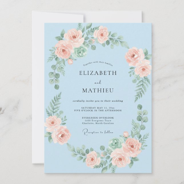 Convites Casamento Floral Romântico Baby Blue (Frente)